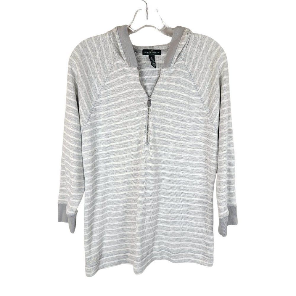 Lauren Jeans Gey White Stripes Knit 3/4 Sleeves Half Zip Pullover Hoodie Size XL